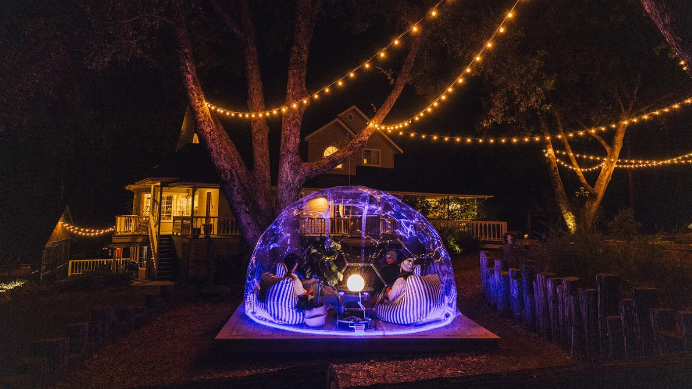GeoDomeX garden room at dusk